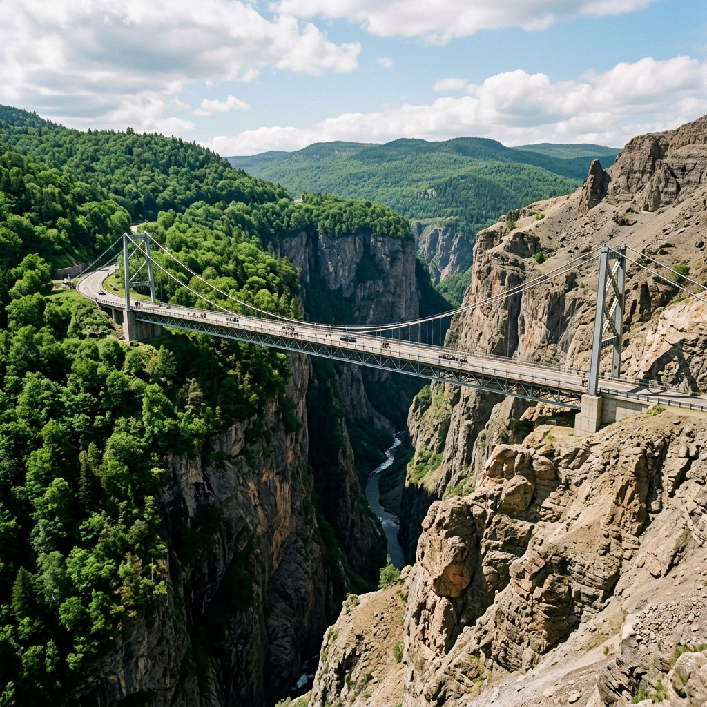Suspension bridge crossing a deep rocky canyon with forested hills